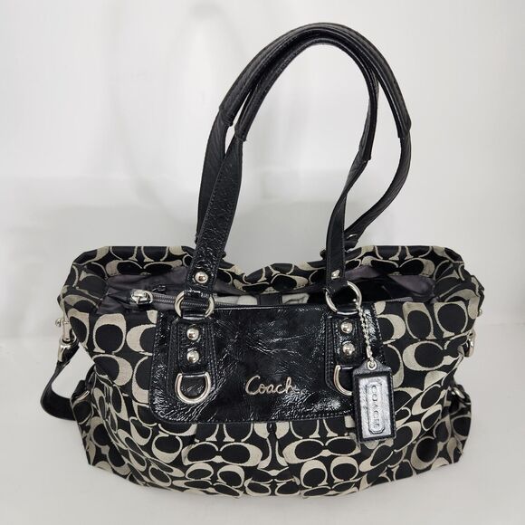Coach Black Ashley Satchel Shoulder Bag Sateen Pleated Handbag Purse Pocketbook - Picture 3 of 16